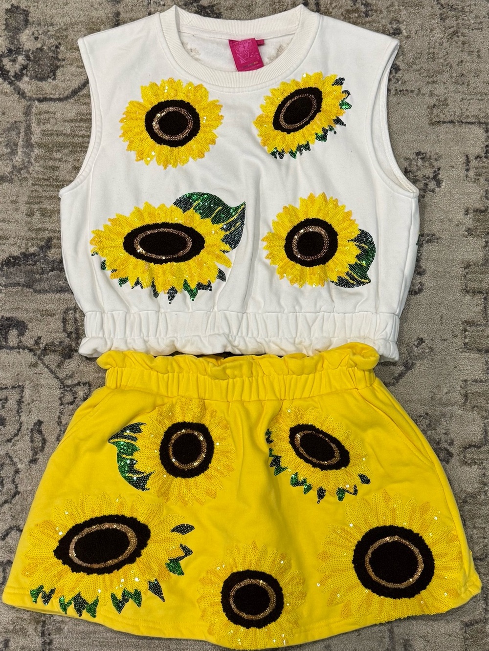 QUEEN OF SPARKLES White & Yellow Sunflower Sequin Two-Piece Set